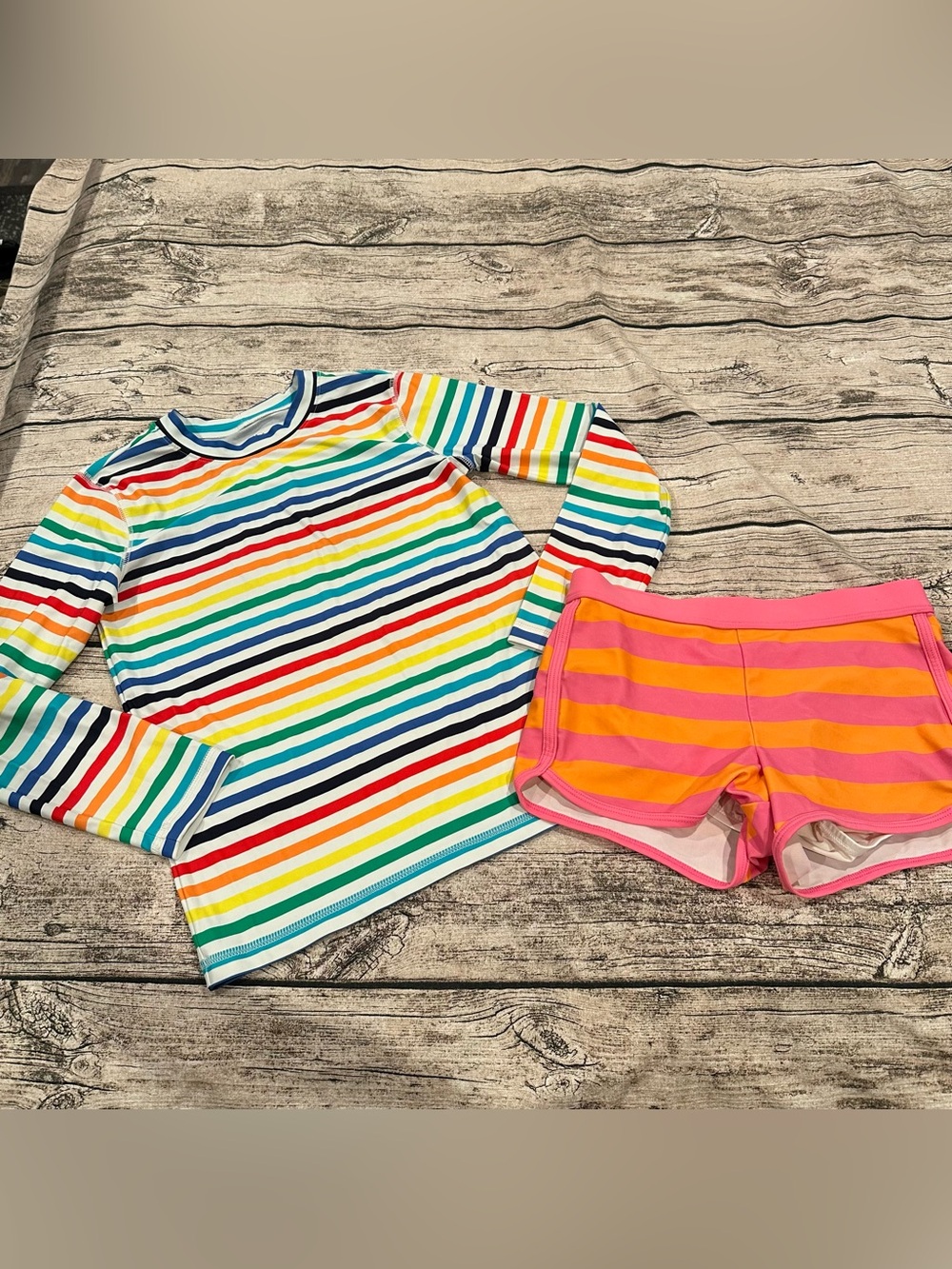 Primary Rainbow Stripe Long-Sleeve Rashguard, Pink & Orange Swim Shorts Size 10